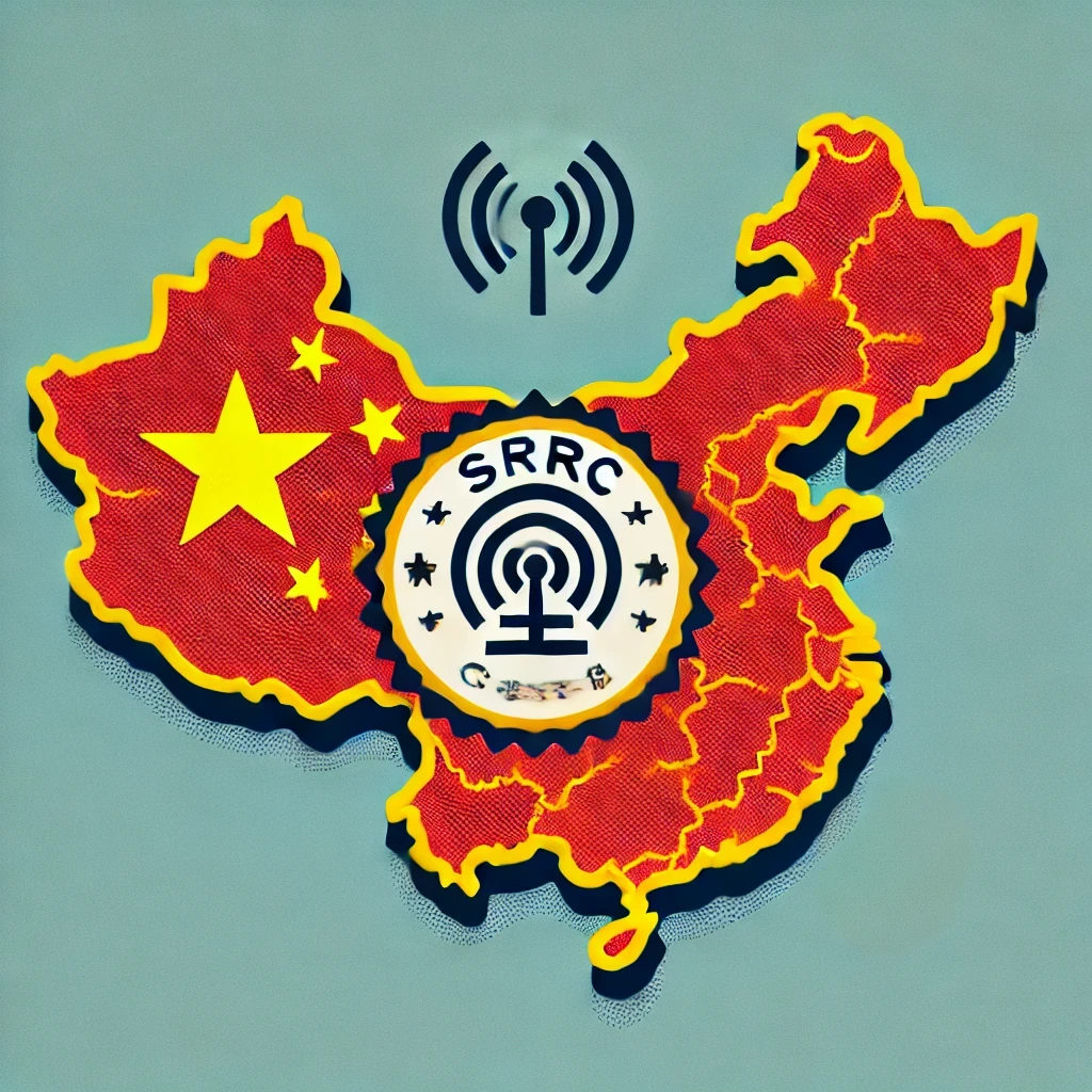 Map of mainland China excluding Taiwan with a certification symbol, representing SRRC certification compliance for radio and IoT devices. Focuses on meeting China's regulatory requirements for wireless equipment.