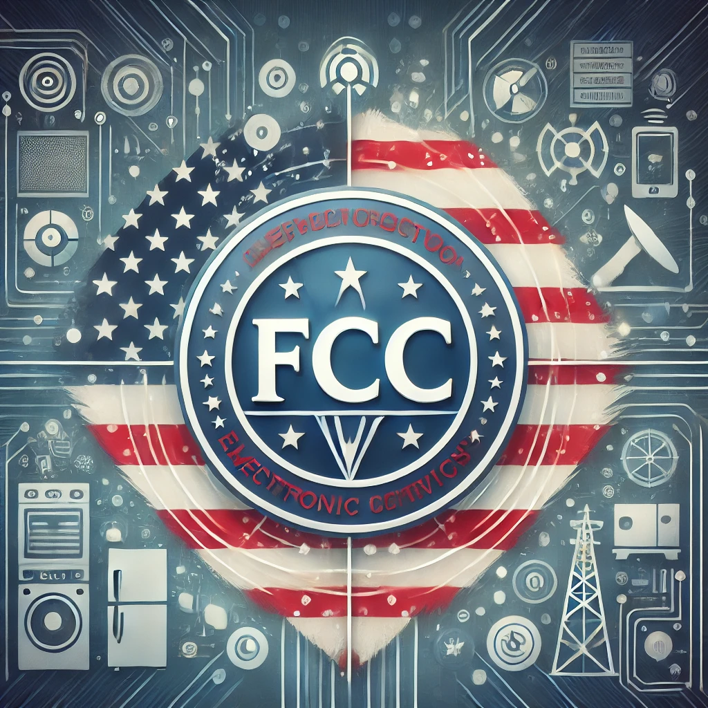 American flag alongside the FCC logo, representing the regulatory authority of the Federal Communications Commission (FCC) over IoT devices and electronic products entering the U.S. market.