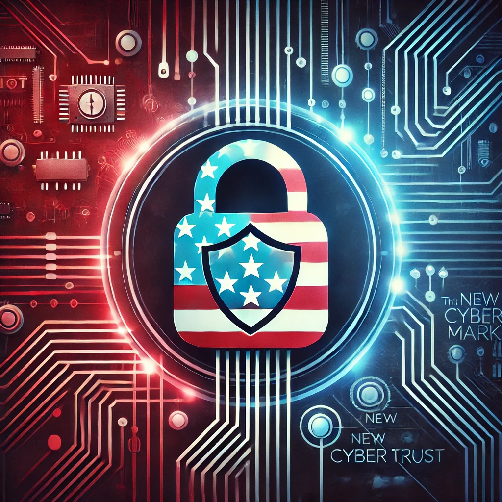 Lock with USA flag and cybersecurity symbols representing the FCC Cybersecurity Labeling Program for IoT devices in the U.S.