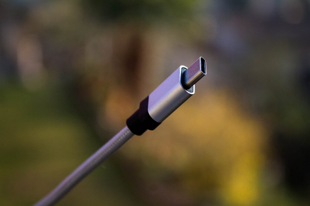 USB-C cable showcasing the standardized charging port mandated by the EU Common Charger Directive, effective in 2024 for electronic devices.