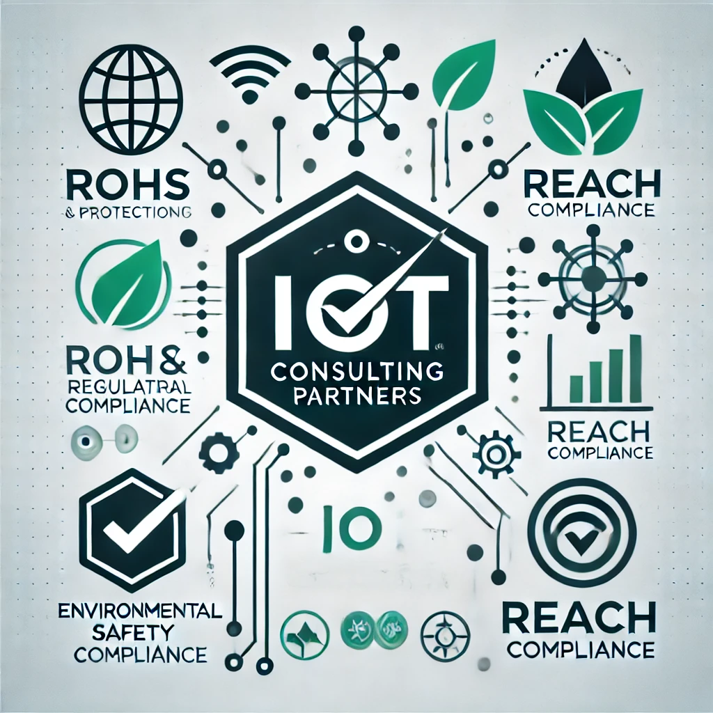 "IoT Consulting Partners logo with symbols representing RoHS and REACH compliance, highlighting the differences between these EU regulatory standards for hazardous substances in electronics and chemicals.