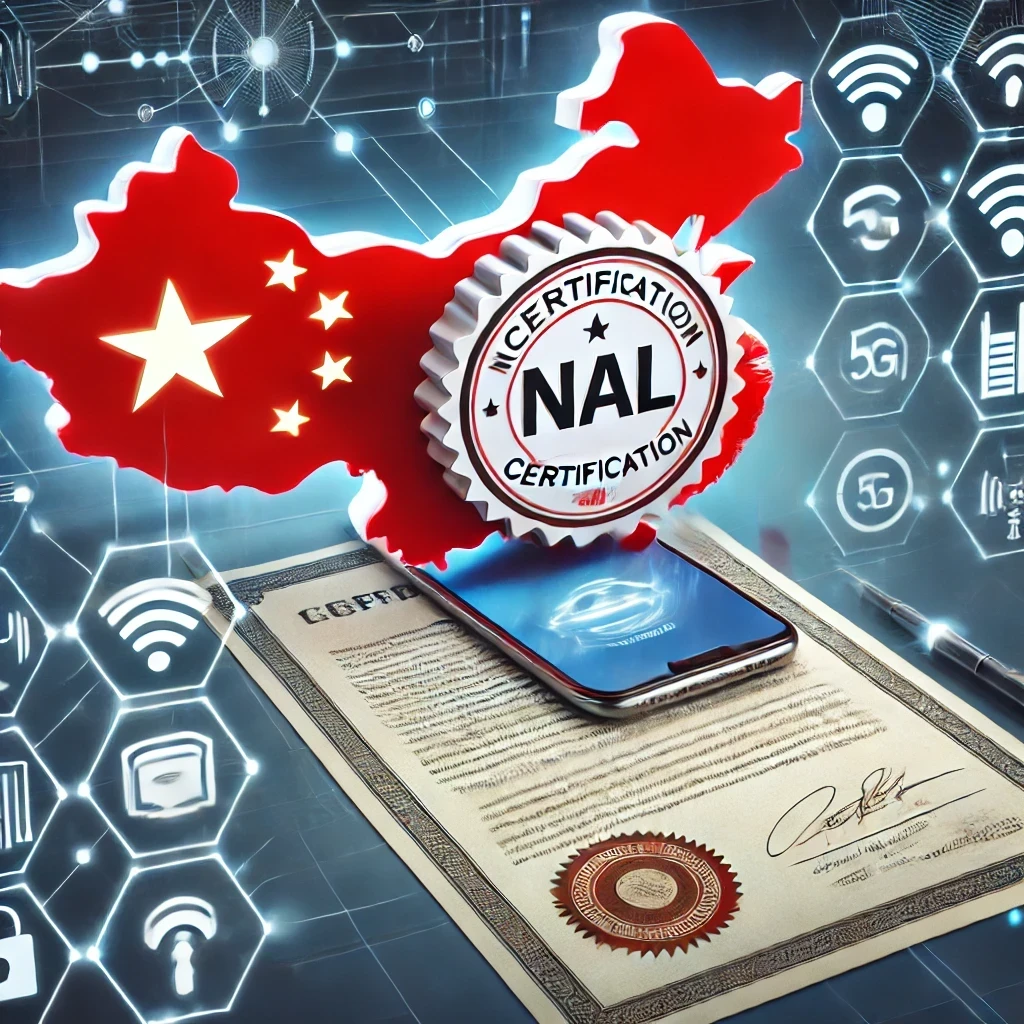 Smartphone with NAL certification badge, representing the compliance process for telecom products in China. Includes wireless communication icons (Wi-Fi, 5G) and legal document scroll symbolizing regulatory testing requirements.