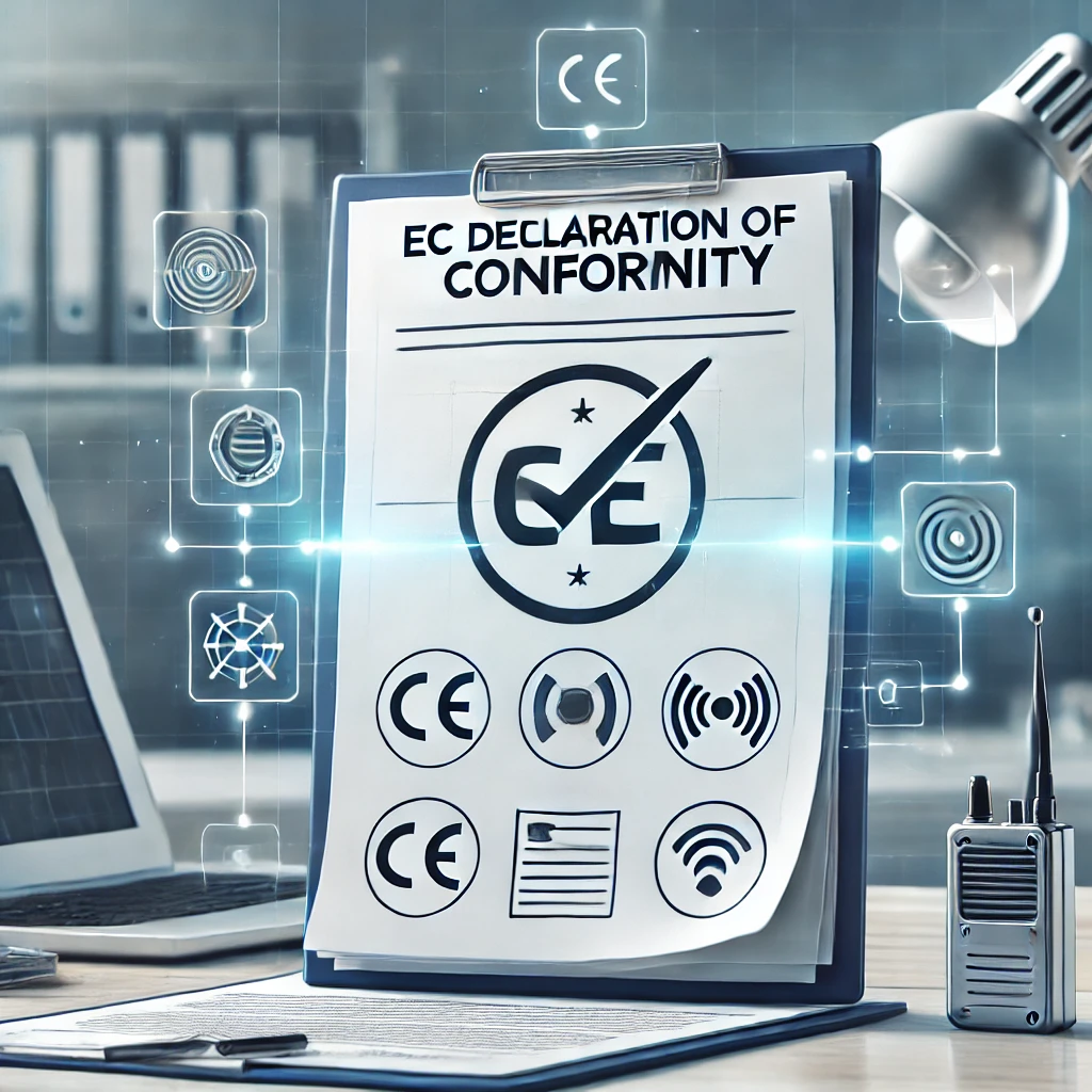 Illustration of an EC Declaration of Conformity document with CE marking and radio compliance symbols for Directive 2014/53/EU, placed on a technical workspace.