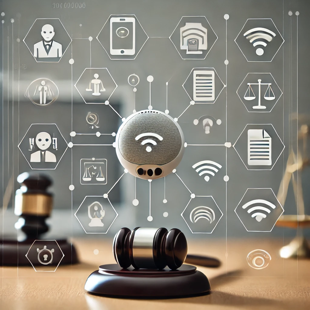 Visual representation of EU product compliance showing IoT devices, legal elements like a gavel, and compliance icons to illustrate market surveillance and regulatory requirements under EU Regulation 2019/1020 and the Product Liability Directive.