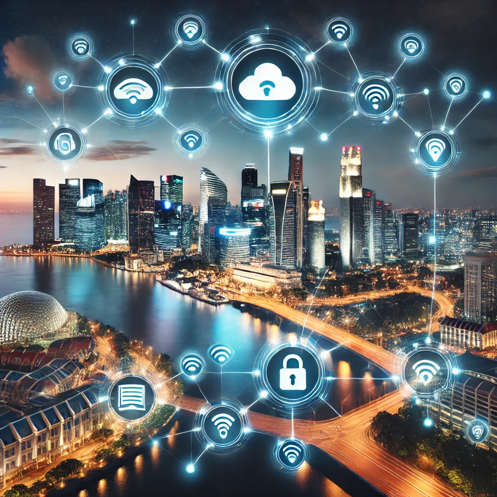 Smart city representation with IoT devices in Singapore, highlighting the importance of IMDA certification and cybersecurity labeling for market entry.