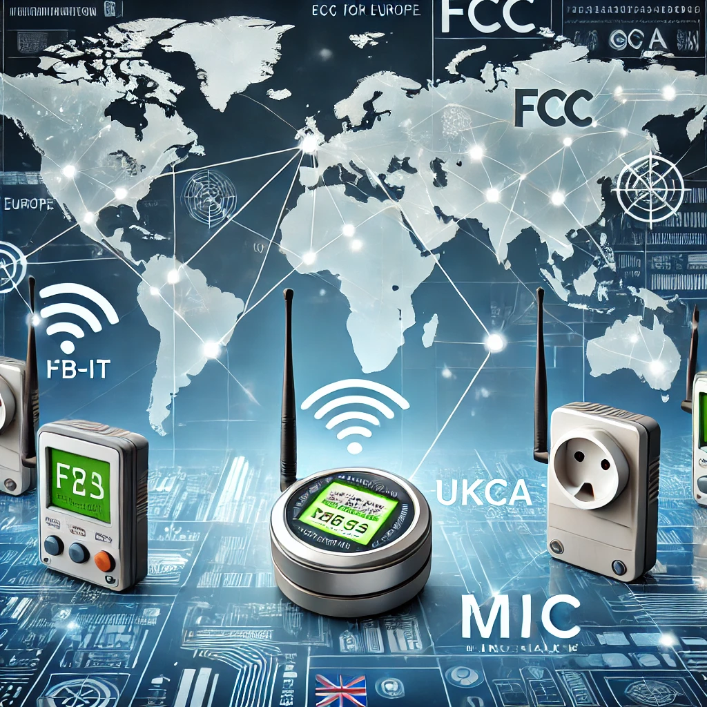 Illustration of global NB-IoT devices connected via wireless networks, showing certification logos for FCC (U.S.), CE (Europe), UKCA (UK), and MIC (Japan), symbolizing global compliance for NB-IoT certification