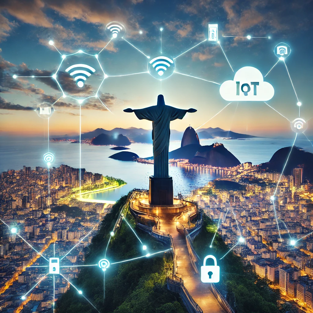 Cityscape of Rio de Janeiro with Christ the Redeemer statue and IoT icons, symbolizing the integration of IoT technology and compliance with ANATEL certification and cybersecurity regulations in Brazil.