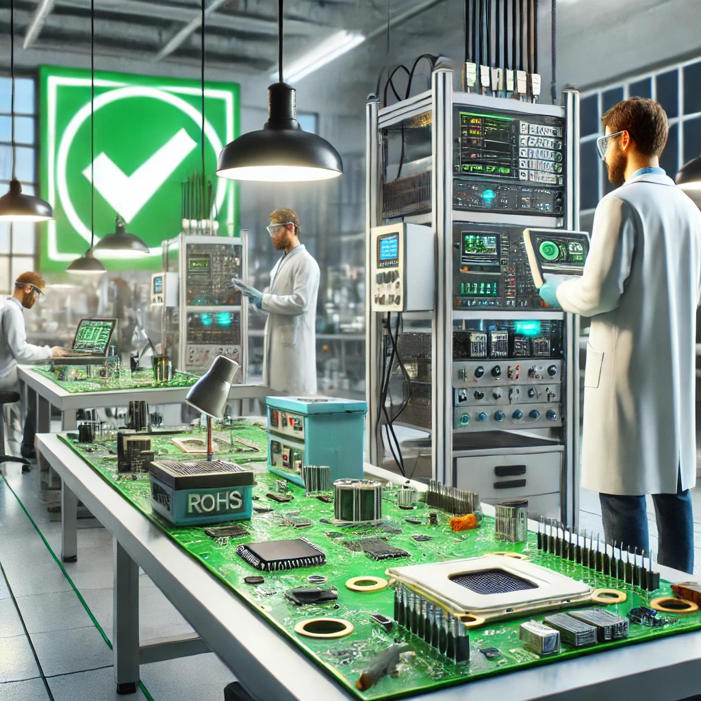 Engineers in a laboratory testing electronic components for RoHS compliance and CE certification, ensuring products meet EU hazardous substance restrictions.