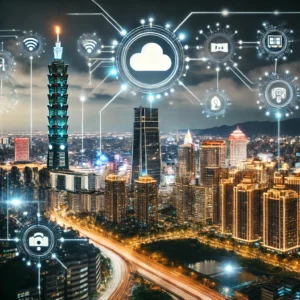 Taipei 101 skyline with IoT technology icons, highlighting Taiwan IoT certification and NB-IoT compliance, emphasizing the integration of IoT infrastructure with NCC and BSMI regulations.