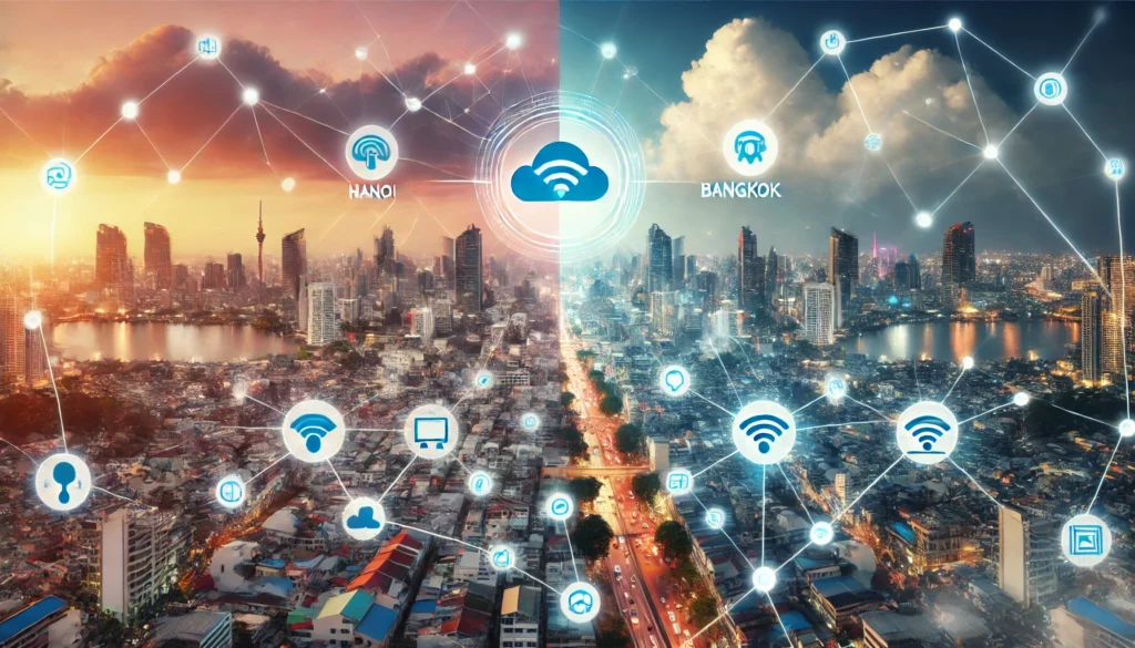 Split image of Hanoi, Vietnam, and Bangkok, Thailand, with IoT device icons and connectivity lines representing the growing IoT infrastructure and cybersecurity focus in both cities.