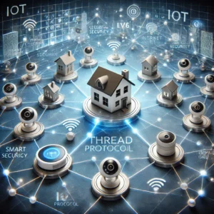 Thread protocol IoT mesh network diagram showcasing smart home devices in a low-power, secure, and scalable system. Highlights include smart thermostats, security cameras, and lights connected via a self-healing mesh network, with IPv6 and AES encryption for high security.