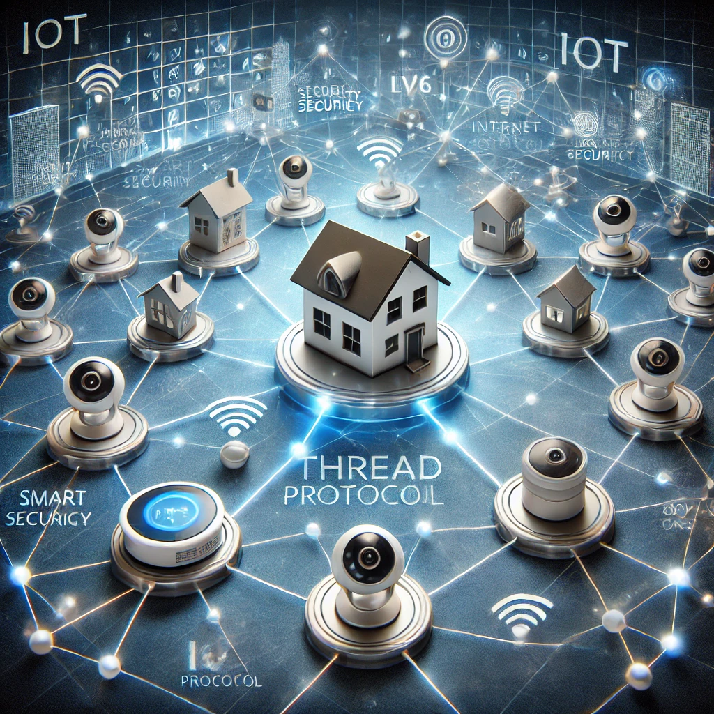 Thread protocol IoT mesh network diagram showcasing smart home devices in a low-power, secure, and scalable system. Highlights include smart thermostats, security cameras, and lights connected via a self-healing mesh network, with IPv6 and AES encryption for high security.