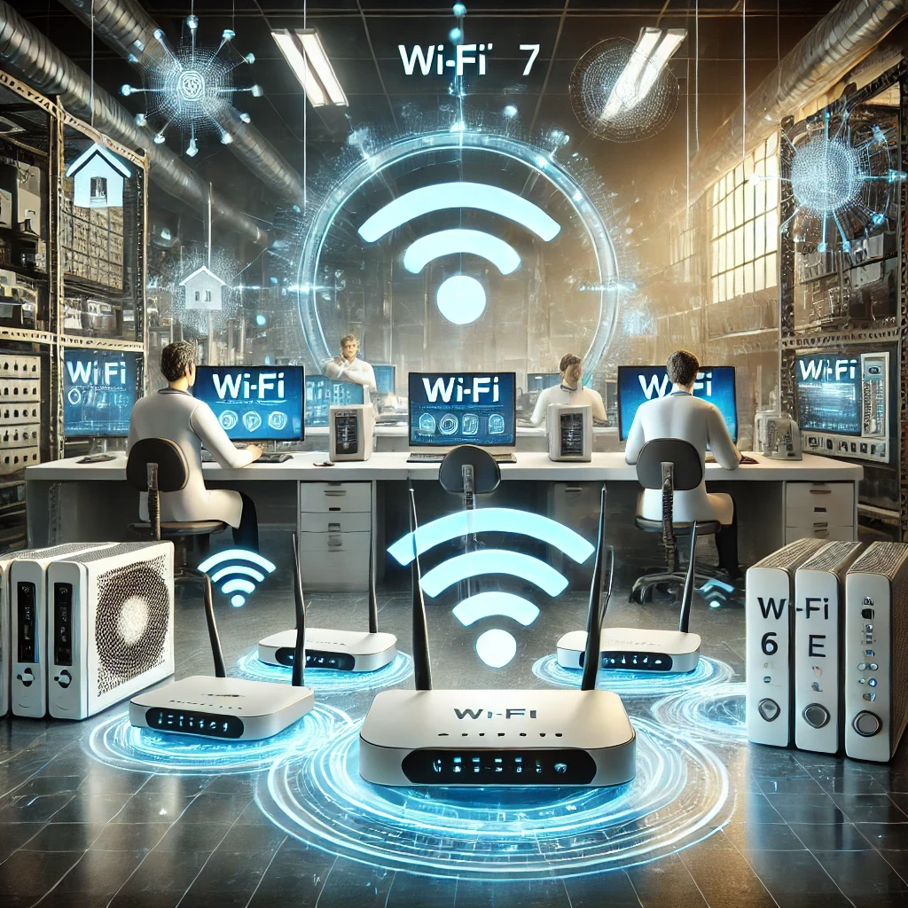 Modern lab setting showcasing Wi-Fi 6E and Wi-Fi 7 testing and certification services with advanced equipment, routers, IoT devices, and engineers conducting performance testing and debugging. Includes Wi-Fi Alliance certification and global compliance symbols.