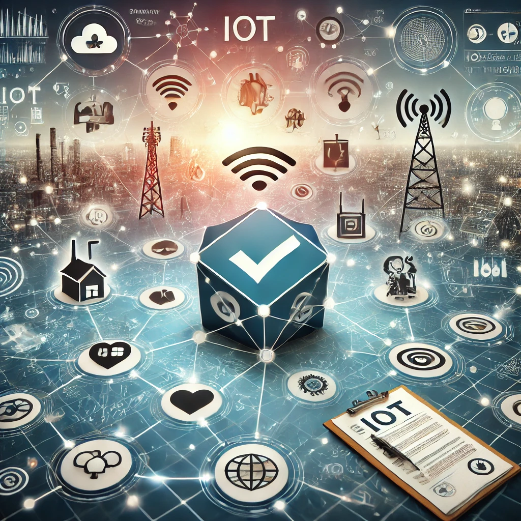 Visualization of IoT compliance and risk assessment processes for radio equipment, illustrating connected devices, radio frequency signals, and cybersecurity checks in accordance with REDCA TGN 30 guidance.