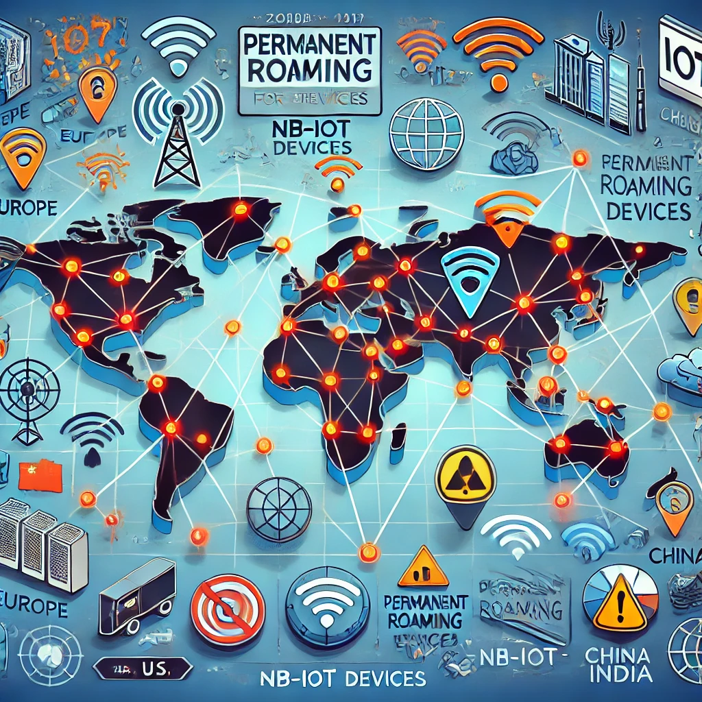 Illustration showing the challenges of permanent roaming for IoT and NB-IoT devices, with disrupted network lines and regulatory warnings across global regions like the EU, U.S., China, and India, highlighting connectivity and compliance issues.