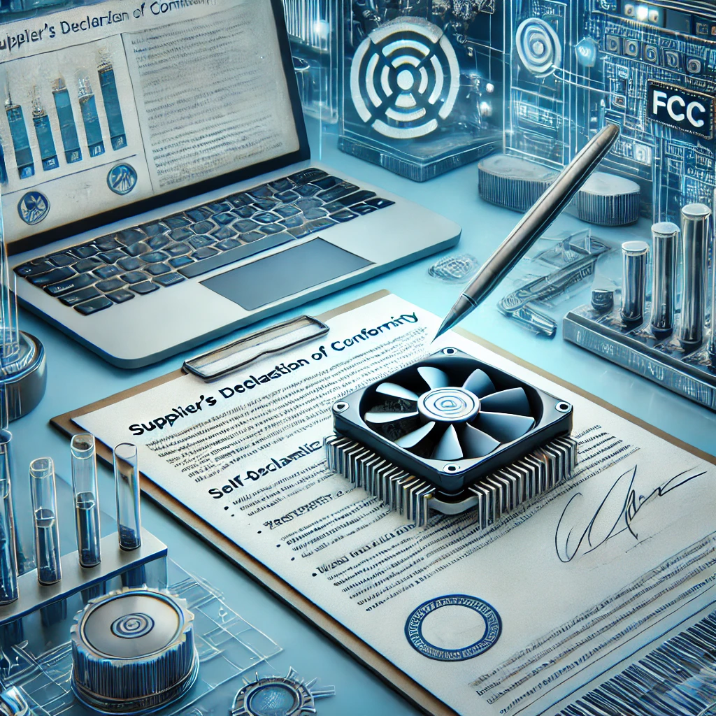 Supplier's Declaration of Conformity (SDoC) process for FCC compliance, showing self-declaration, testing requirements, and regulatory standards for electronic devices.