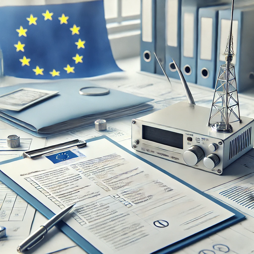 Technical documentation and compliance certificates for Directive 2014/53/EU with radio equipment and EU flag in the background, symbolizing regulatory compliance.