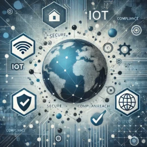 Abstract image depicting global IoT compliance with symbols of cybersecurity, certification, and worldwide connectivity.