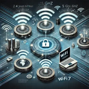 Realistic illustration of Wi-Fi 7 technology advancements and IoT certification with data streams, multi-frequency bands (2.4 GHz, 5 GHz, 6 GHz), cybersecurity lock, and connected devices like smartphones, laptops, and IoT sensors, showcasing high-speed connectivity, multi-link operation, and compliance with Wi-Fi Alliance certification.