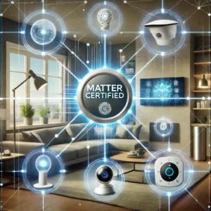 mart home with interconnected IoT devices, including smart lights, security cameras, thermostat, and smart lock, all certified under the Matter standard for seamless interoperability and security.